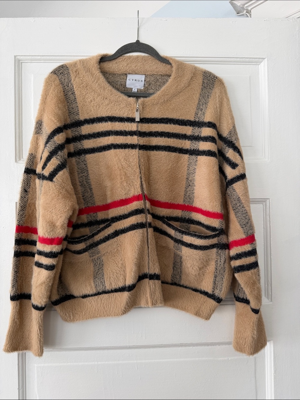 Cyrus Tan Fuzzy Zip Cardigan with Black and Red Stripes